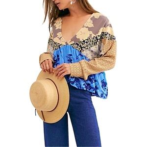 Free People Aloha State of Mind Oversized Floral Cropped Blouse Size XS